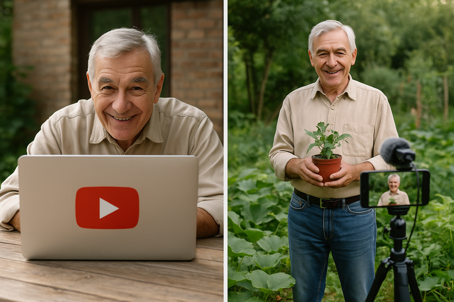60대 백발 남성이 유튜브 콘텐츠 제작을 위해 정원에서 노트북을 사용하거나 스마트폰으로 식물을 촬영하는 다큐멘터리 스타일 장면