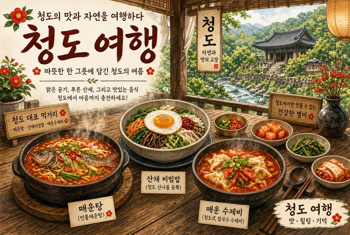 나무 테이블 위에 매운탕, 산채비빔밥, 매운수제비가 담긴 그릇이 놓여 있고, 뒤쪽으로 청도 사찰과 산 풍경이 보이는 일러스트. &lsquo;청도 여행&rsquo;, &lsquo;따뜻한 한 그릇에 담긴 청도의 여름&rsquo; 등의 한글 문구와 음식 이름 라벨이 함께 표시되어 있다.