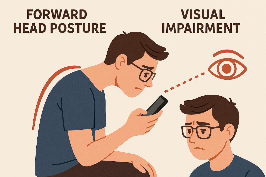 스마트폰 사용으로 인한 거북목 자세와 시력 저하를 시각적으로 보여주는 이미지입니다.