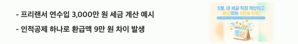 '프리랜서 연수입 3,000만 원 세금 계산 예시 / 인적공제 하나로 환급액 9만 원 차이 발생'이라는 문구가 포함된 웹배너 이미지. 이 이미지는 프리랜서 종합소득세 계산 과정과 인적공제에 따른 환급액 변화를 시각적으로 전달하며, 블로그의 실전 세금 계산 예시와 관련된 내용을 설명함