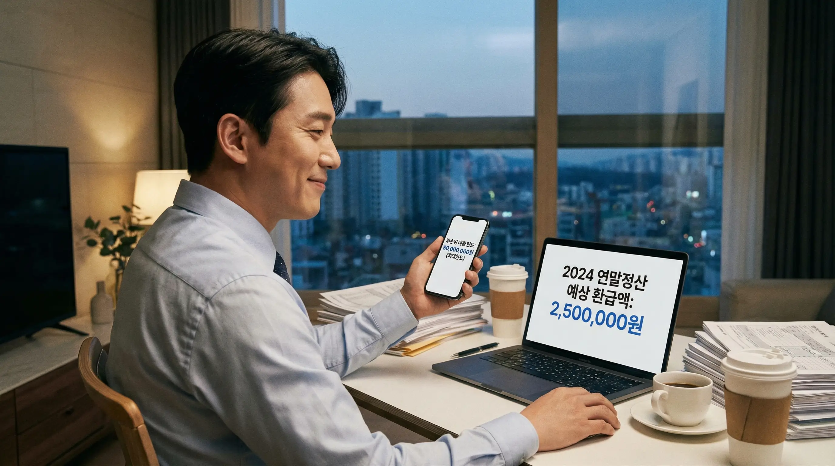 연말정산 환급금과 후순위 대출 한도를 모두 확인하고 여유로운 미소를 짓는 직장인의 모습