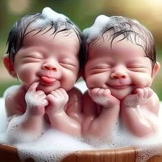 비누거품을-묻히며-통속에서-목욕하는-쌍둥이-아이들