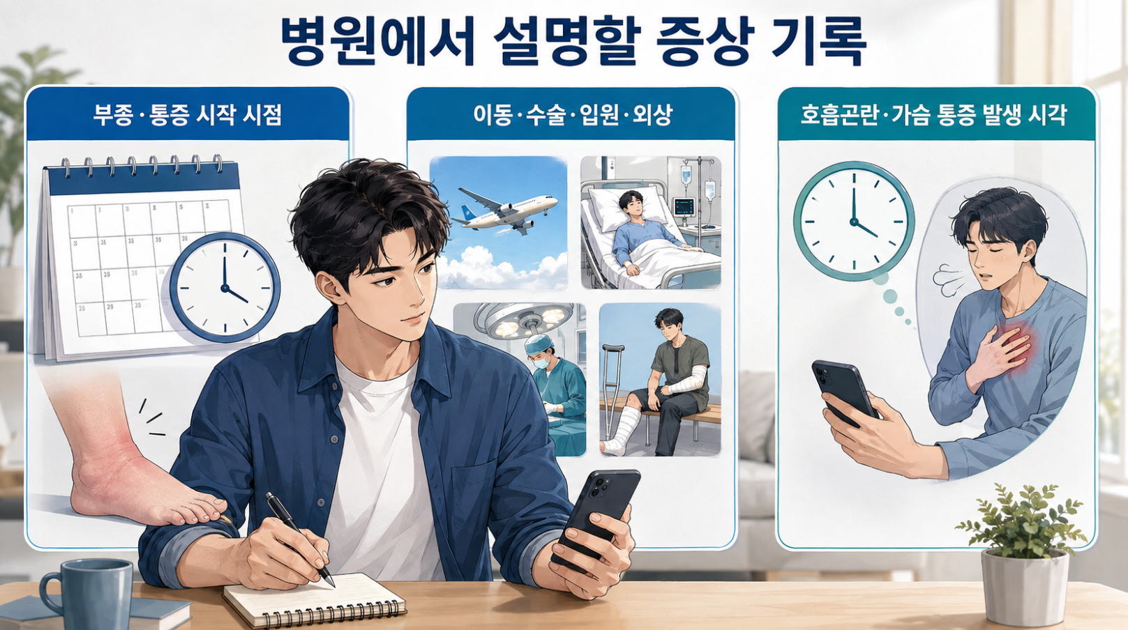 한쪽 종아리 부종과 통증으로 병원 진료 전 증상 시작 시점, 최근 이동&middot;수술&middot;입원&middot;외상과 동반 증상 발생 시각을 기록하는 이미지