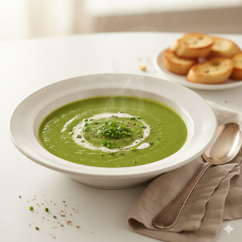 완두콩을 곱게 갈아 만들어 연두빛을 띠는 부드러운 완두콩 크림 스프