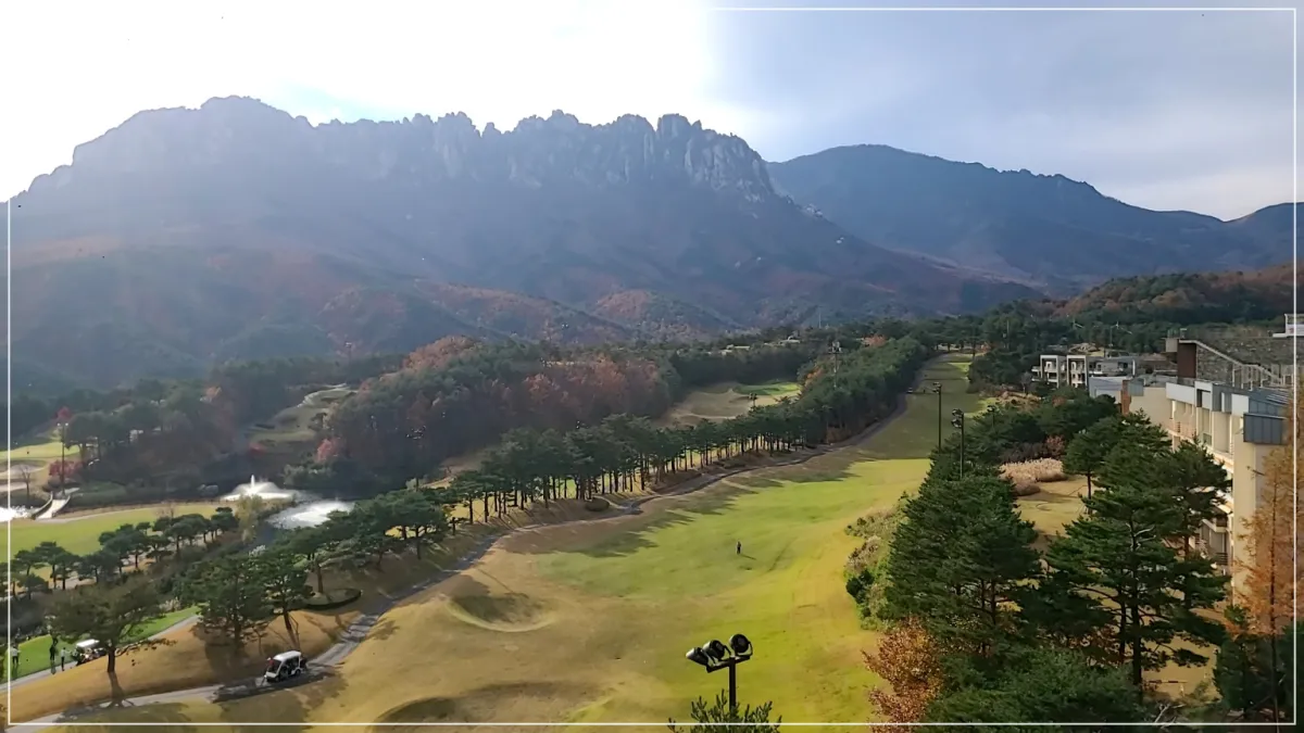 파란하늘과 설악산 골프장그린 잔디밭과 양쪽 소나무길
잔디밭 왼쪽에 작은 물분수 골프치는 아저씨의 모습