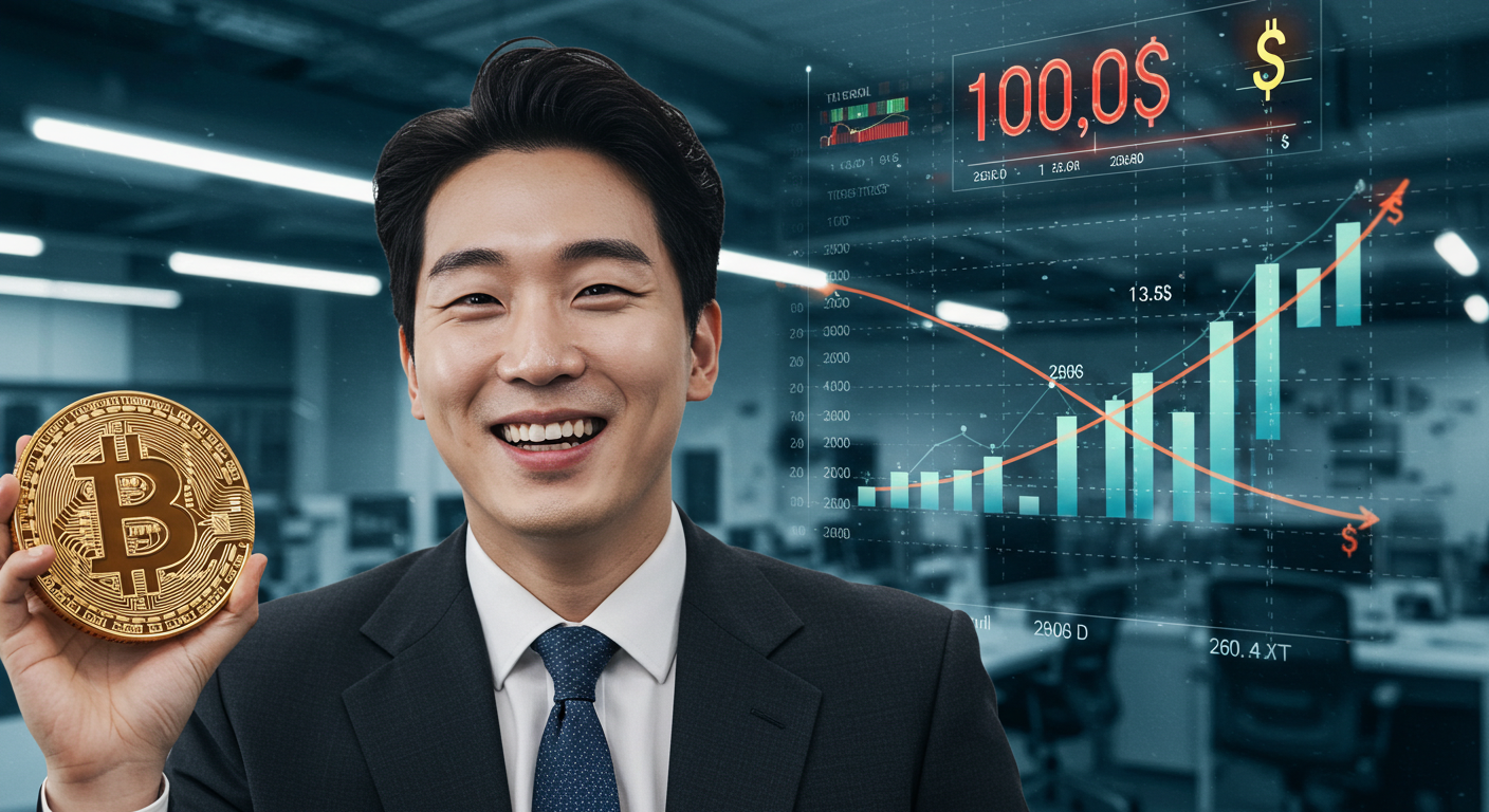 비트코인 10만 달러 돌파를 바라보는 한국인 투자자와 디지털 차트