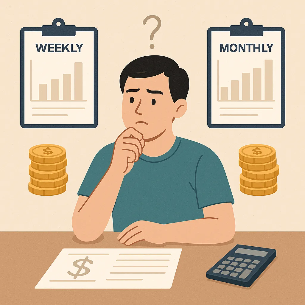 주-단위-예산-관리와-월-단위-예산-관리를-비교하는-일러스트로,-남성이-고민하는-표정으로-두-방식의-차이를-저울질하는-장면을-표현함.