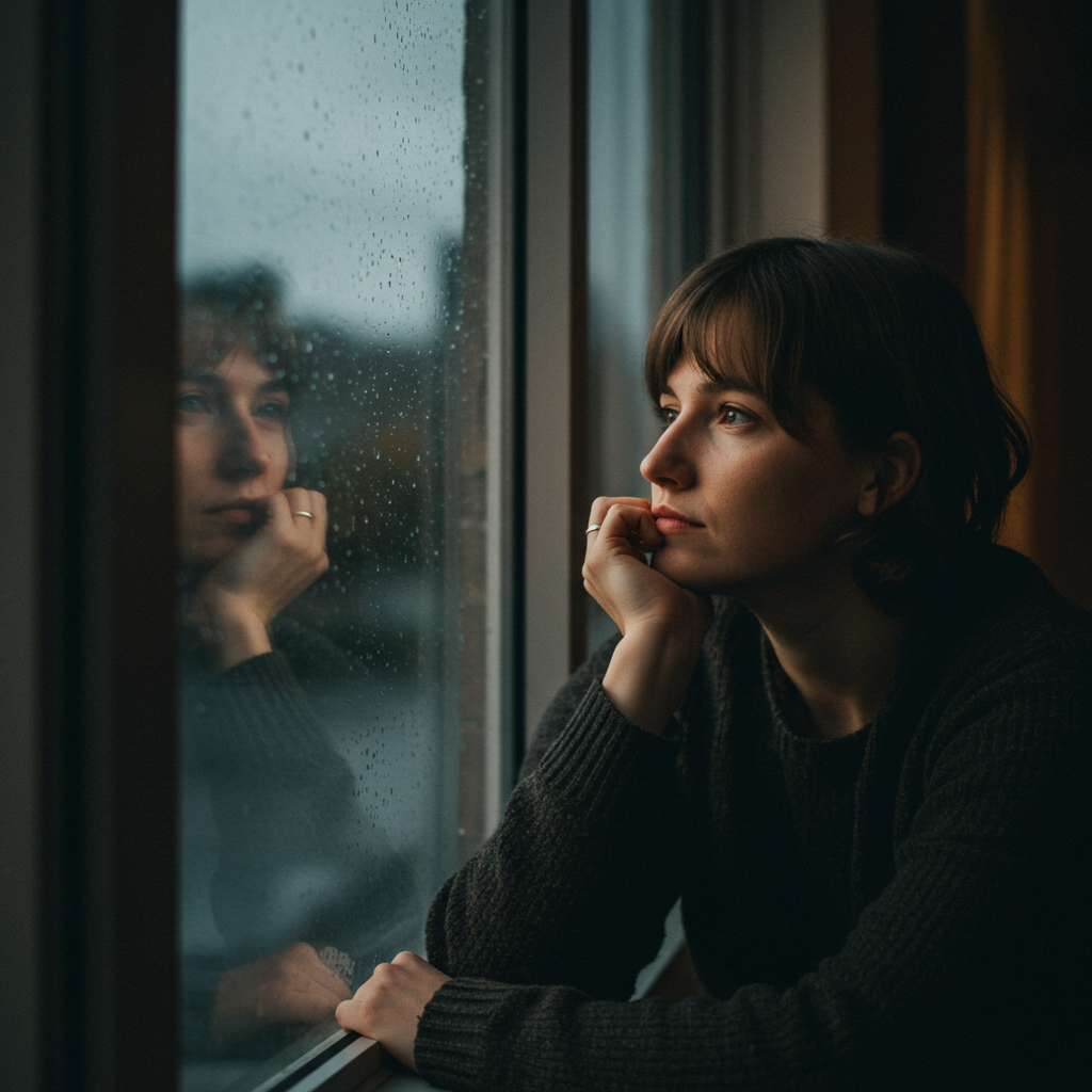 비 오는 날 창가에 앉아 생각에 잠겨 있는 사람의 모습. 당뇨 번아웃으로 인한 지친 마음을 상징함.