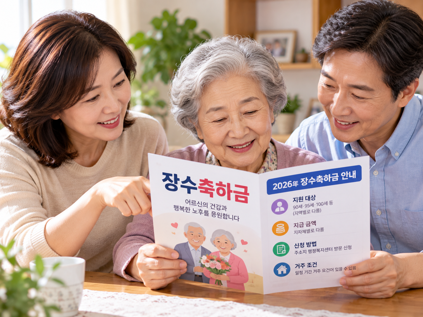 장수축하금 안내문을 함께 살펴보는 고령의 어르신과 가족