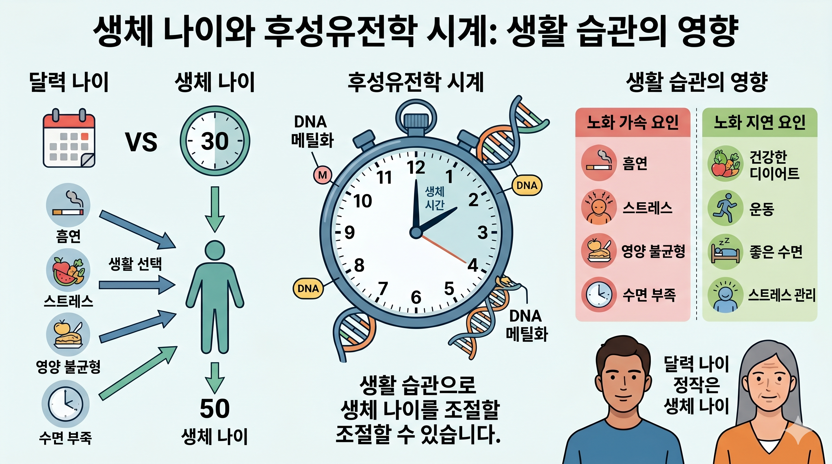 물학적 나이 측정 &mdash; 후성유전학적 시계 DNA 메틸화 텔로미어 생활습관 영향