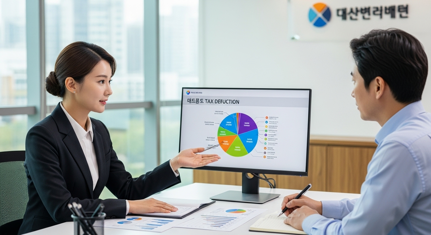 고객에게 세액 공제 항목을 설명하는 한국 회계사의 모습과 여러 차트