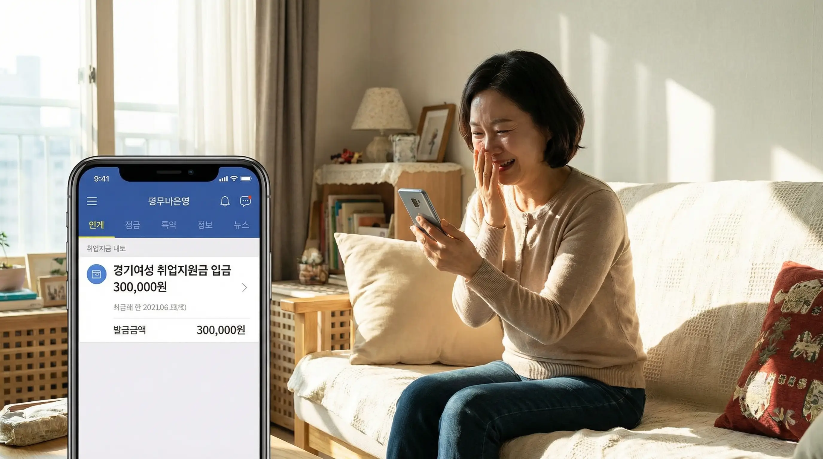 스마트폰으로 경기여성 취업지원금 입금 내역을 확인하고 기뻐하는 경력단절여성의 모습