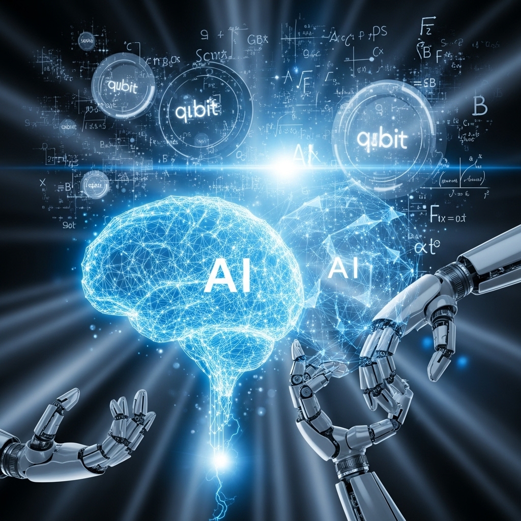 2026년 인공지능, 로봇, 양자 컴퓨팅 기술의 융합과 미래 산업 혁명을 상징하는 역동적인 이미지