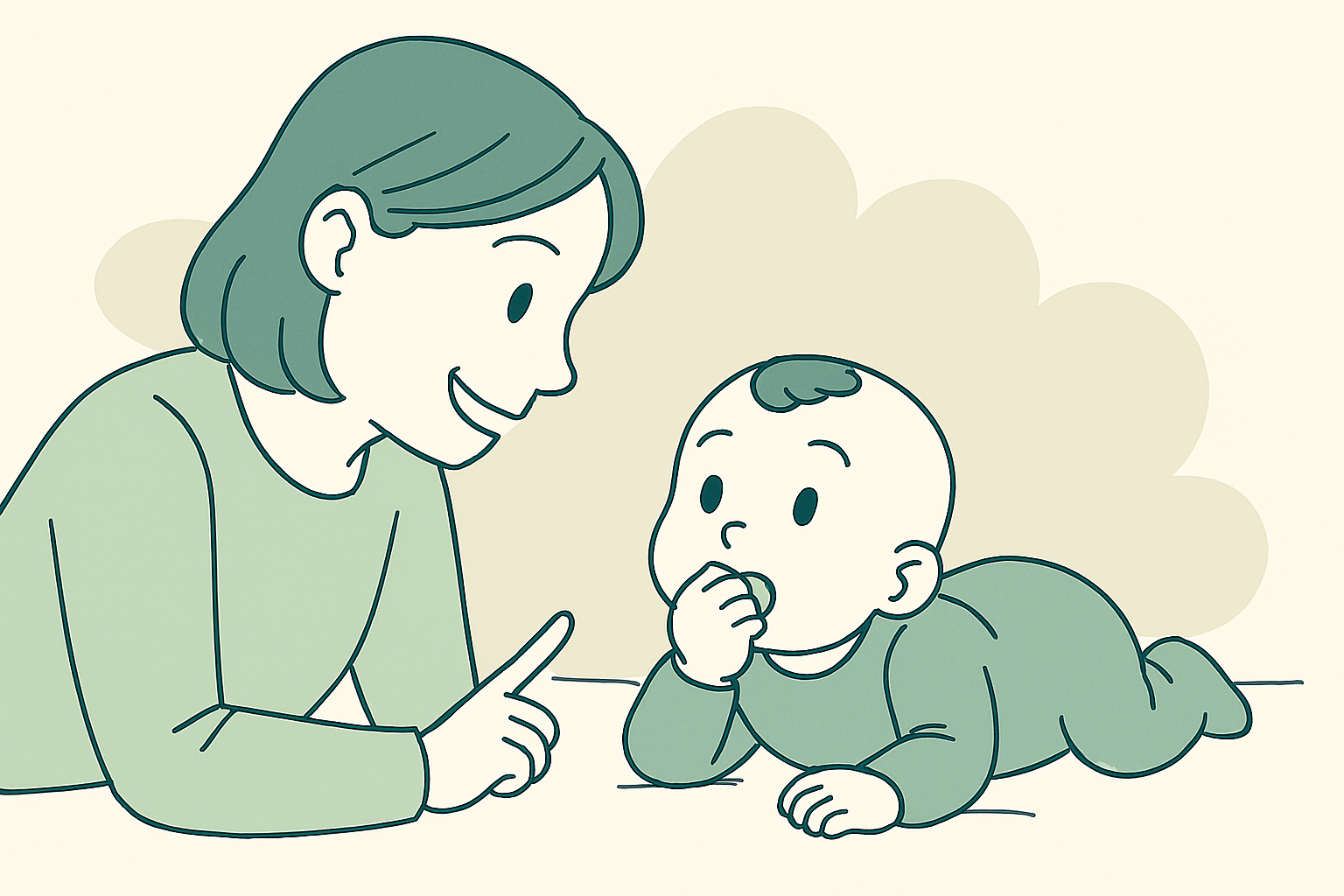 아기가 손을 입에 넣고 엄마의 손가락을 바라보며 감각 탐색을 하는 모습