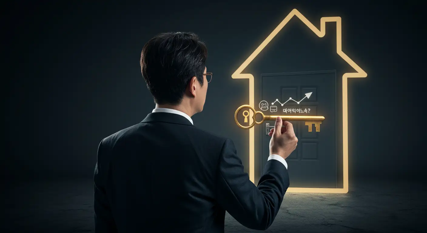 한 한국인 사업가가 '사업자 대출'이라는 열쇠로 '주택 구입'이라는 문을 열 수 있을지 고민하는 모습