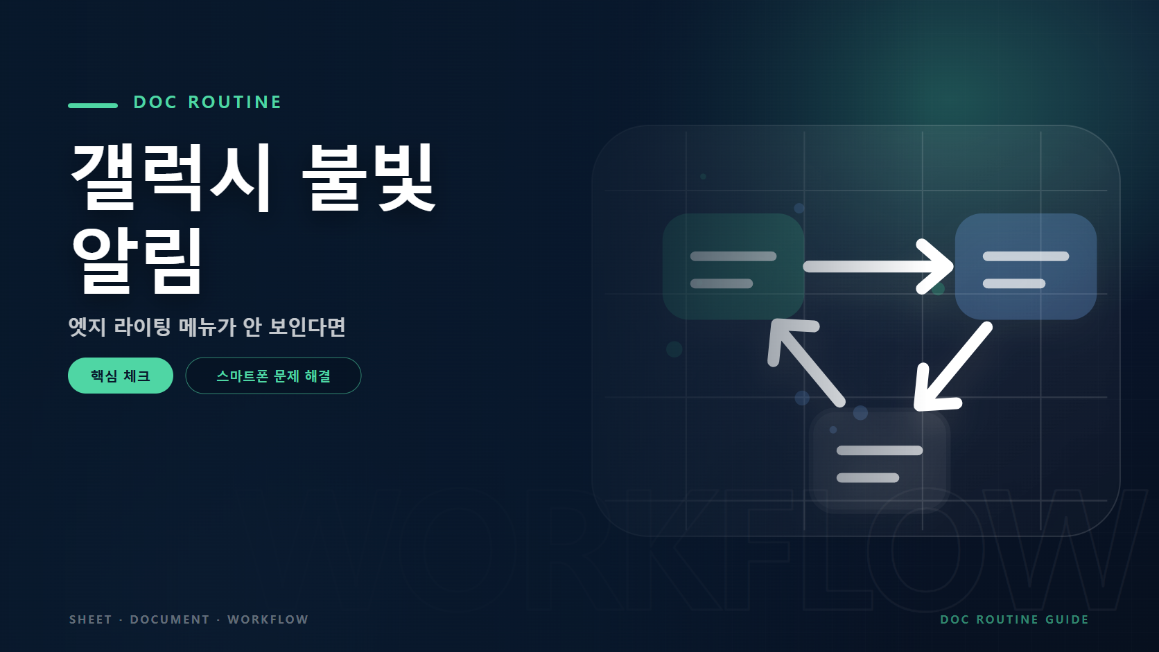 갤럭시 불빛 알림 문구와 문제 확인과 해결 절차를 연결한 안내 그래픽 요소를 담은 스마트폰 문제 해결 가이드 대표 이미지
