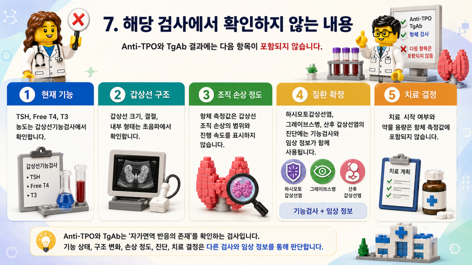 Anti-TPO·TgAb 검사에서 확인하지 않는 내용과 기능검사·초음파의 역할을 비교한 레고 스타일 메디컬 인포그래픽