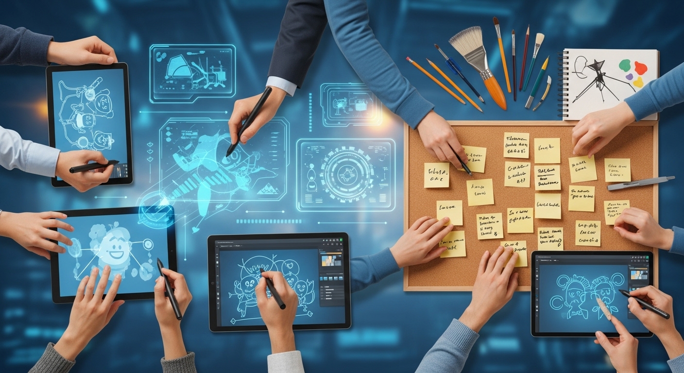 넷플릭스 애니메이션 제작 현장을 상징하는 이미지. 다양한 크리에이터들이 디지털 태블릿과 스케치북을 활용해 자유롭게 아이디어를 주고받으며 작품을 만들어가는 역동적인 모습입니다.