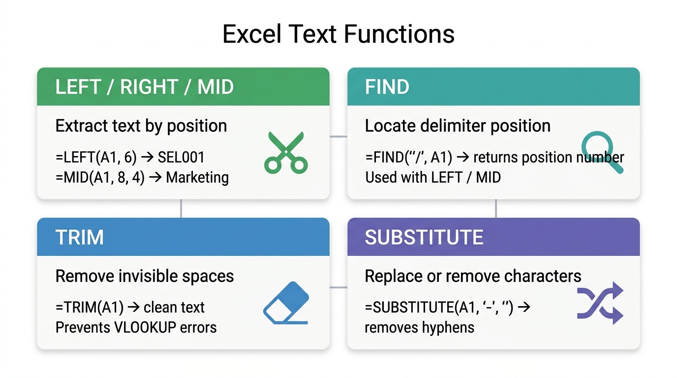 엑셀 텍스트 함수 4가지(LEFT/RIGHT/MID, FIND, TRIM, SUBSTITUTE)의 이름&middot;역할&middot;수식 예시를 각각 색상이 다른 카드 4칸에 정리한 플랫 2D 인포그래픽