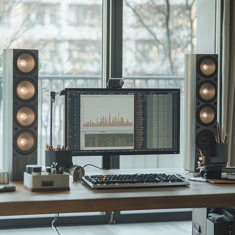 세련된 홈 오피스에서 대형 모니터에 ETF 성과 차트와 그래프가 표시되며, 전문적이고 분석적인 분위기가 강조됩니다. 성과 분석, 투자 전략, 데이터 시각화.