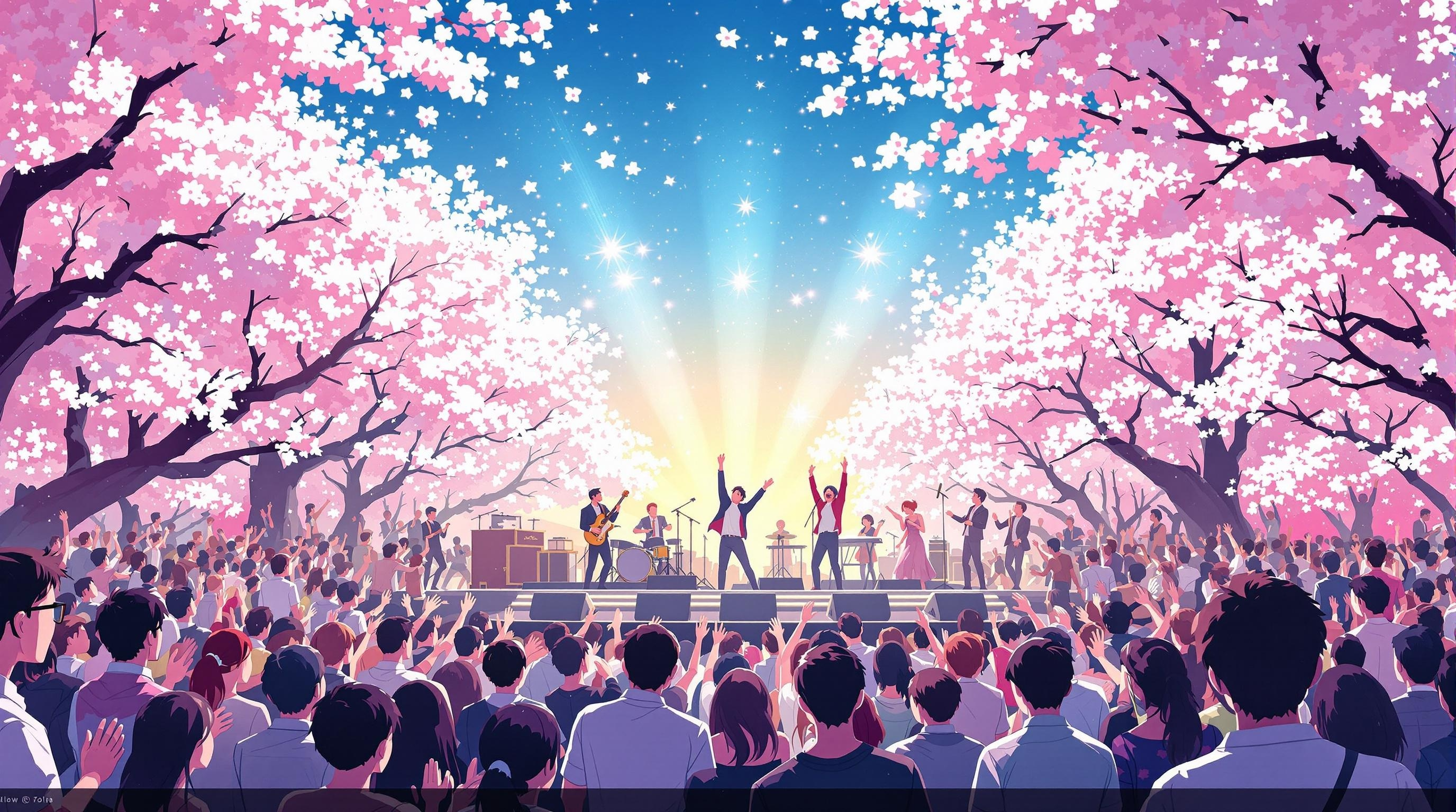 벚꽃축제장에서 애니메이션 효과 밴드 공연하는 모습