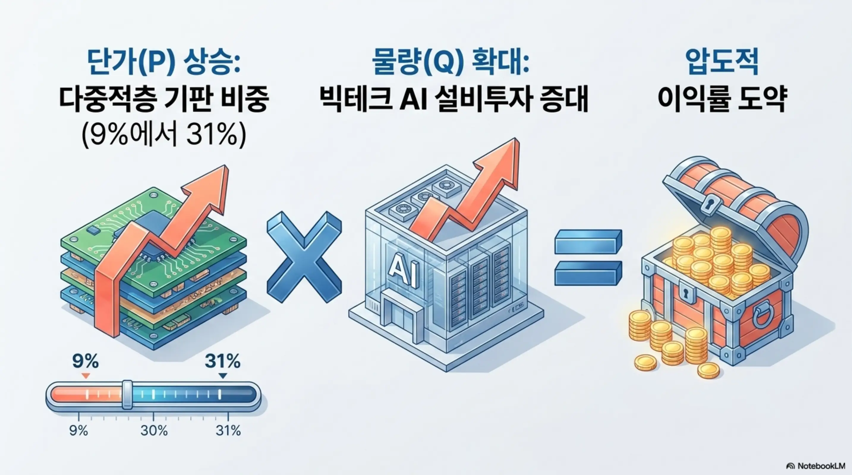 이수페타시스 주가 전망: 이수페타시스의 이익률 도약 구조를 단가와 물량의 곱으로 표현한 인포그래픽. 다중적층 기판 비중이 9%에서 31%로 오르는 단가(P) 상승과 빅테크 AI 설비투자 확대에 따른 물량(Q) 확대가 맞물려 압도적 이익률로 이어지는 흐름을 보여준다.