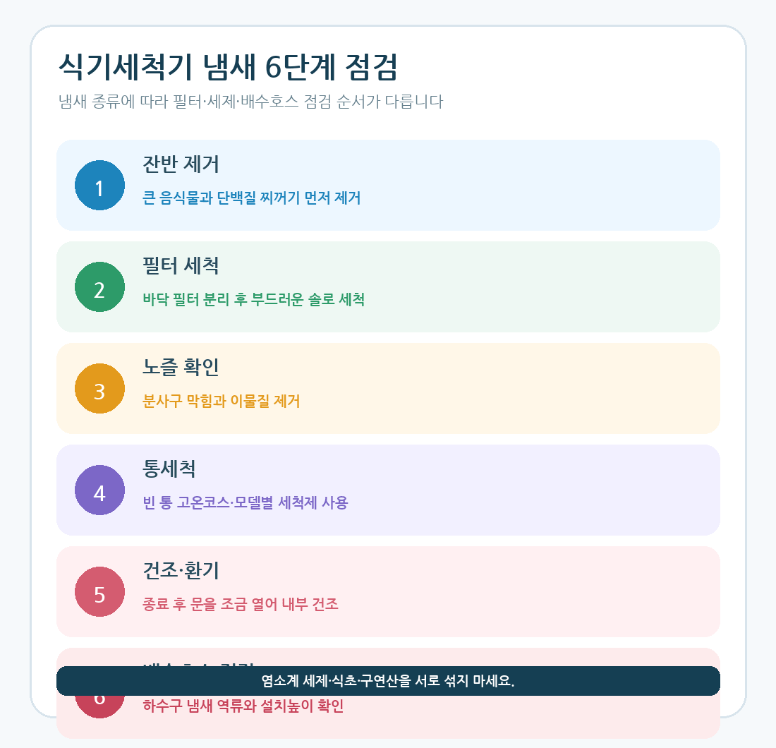 식기세척기 냄새 제거 6단계 필터 노즐 통세척 배수호스 점검