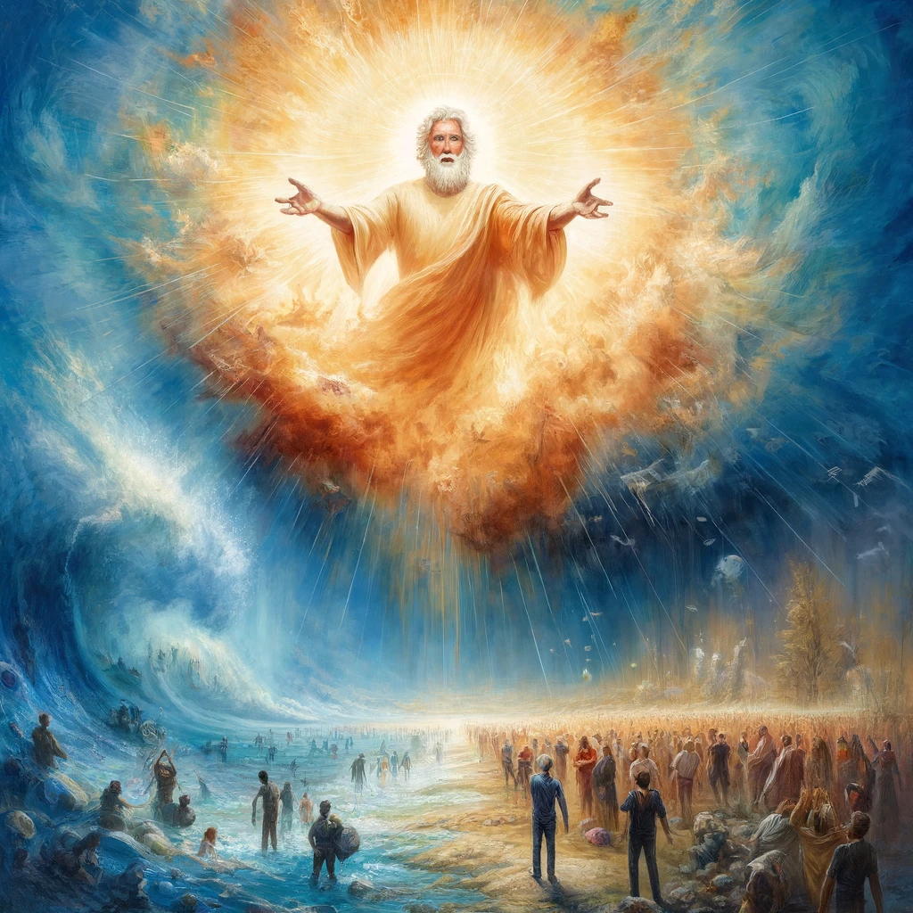 Here is the image depicting God as a savior and victor during times of adversity and calamity, symbolically illustrating divine intervention and hope.