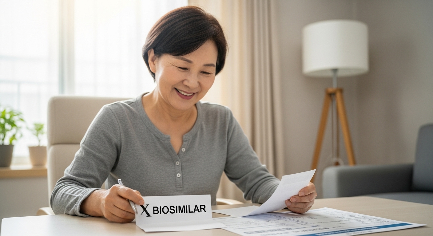 a Korean cancer patient at home smiling while reviewing a lower medical bill