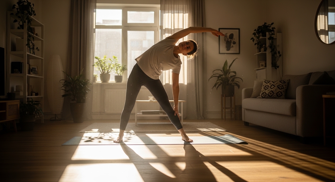 아침 공복 유산소 운동 전 스트레칭 장면