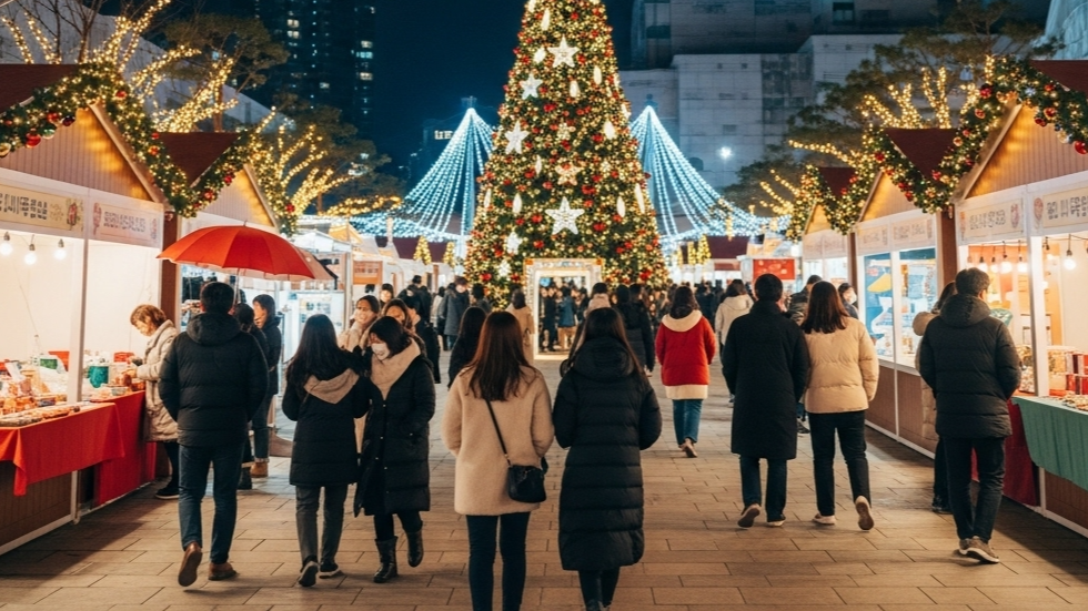 2025년 부산 영화의전당에 꾸며진 화려한 크리스마스 빌리지 야경. 중앙의 거대한 메인트리가 빛나고, 사람들이 활기차게 거닐며 축제를 즐기고 있는 모습.