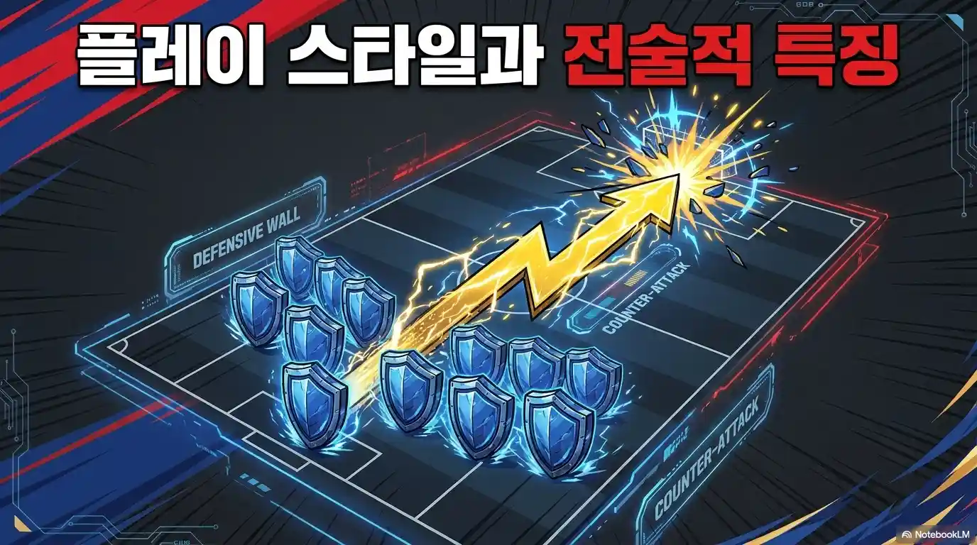 플레이 스타일과 전술적 특징 텍스트와 단단한 수비벽(Defensive Wall)을 뚫고 나가는 벼락같은 역습(Counter-Attack) 전술판 그래픽