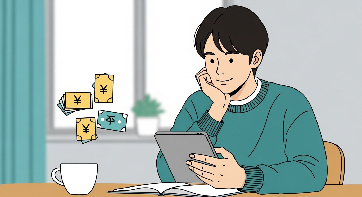면접 수당을 현명하게 활용하여 예산을 관리하고, 지역화폐로 생활에 필요한 지출을 계획하는 청년의 모습.