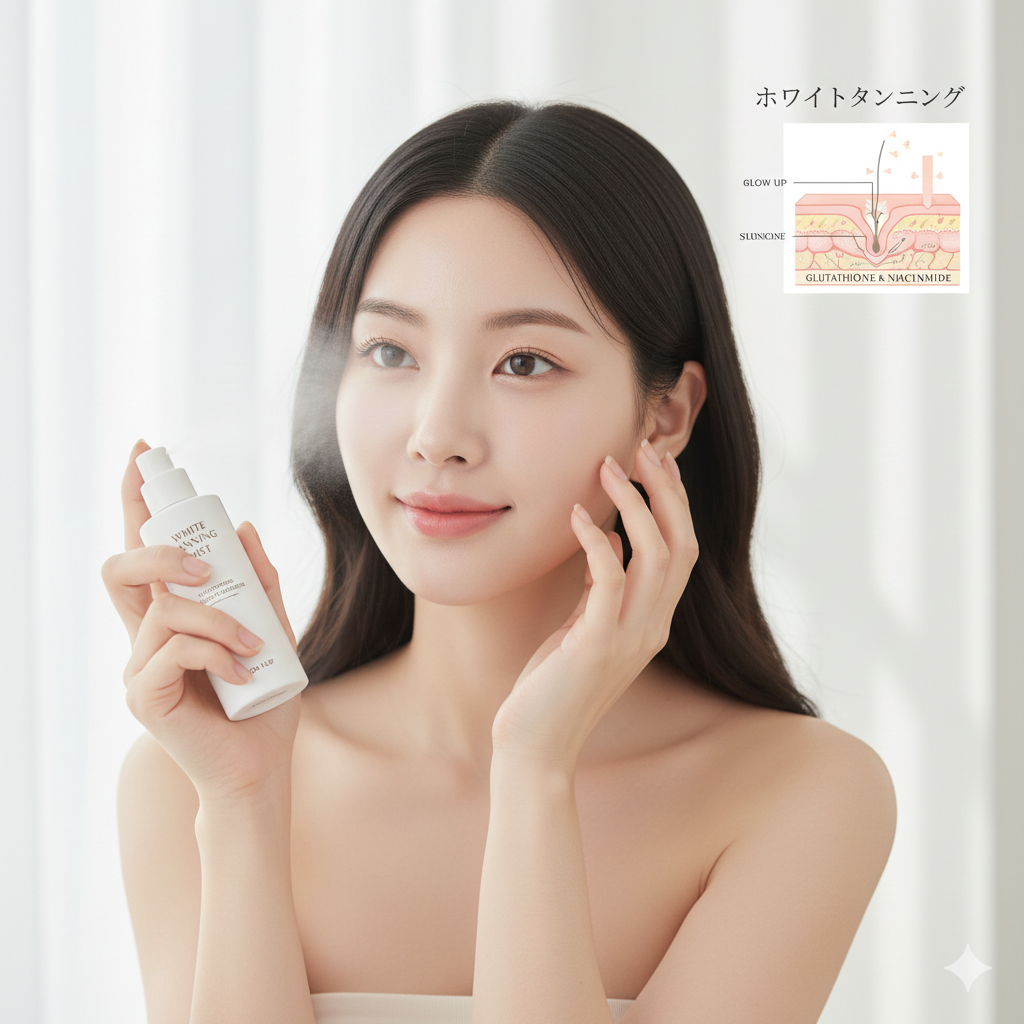 A beautiful model using a "White Tanning" (brightening) mist, with an infographic showing how glutathione and niacinamide work for skin tone-up.