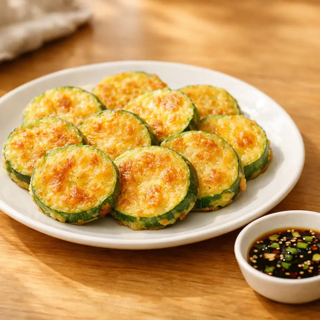 노릇하게 부친 애호박전과 간장소스가 접시에 담긴 모습