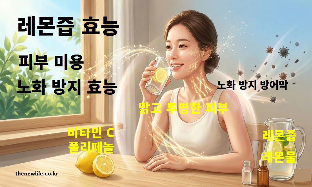 레몬즙 효능이 피부 미용과 노화 방지를 돕는 작용을 설명하는 이미지