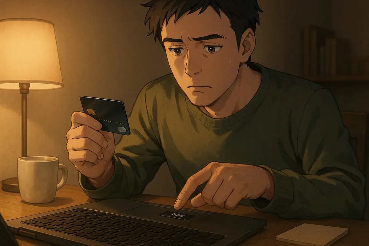 한 손에는 신용카드, 다른 한 손으로는 노트북 결제 버튼을 누르려다 잠시 멈춰 생각에 잠긴 사람의 모습