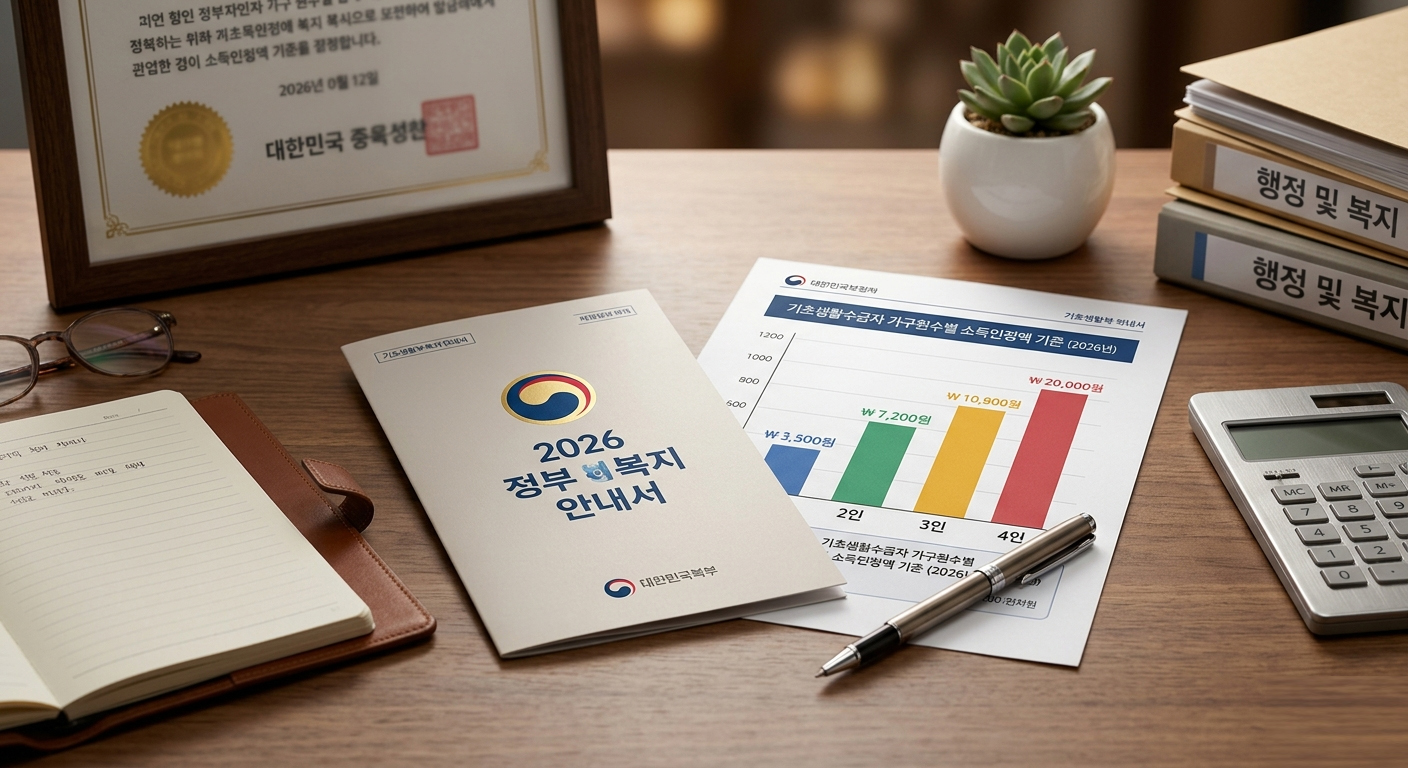 2026년 기초생활수급자 가구원수별 소득인정액 기준 중위소득 안내 차트 일러스트