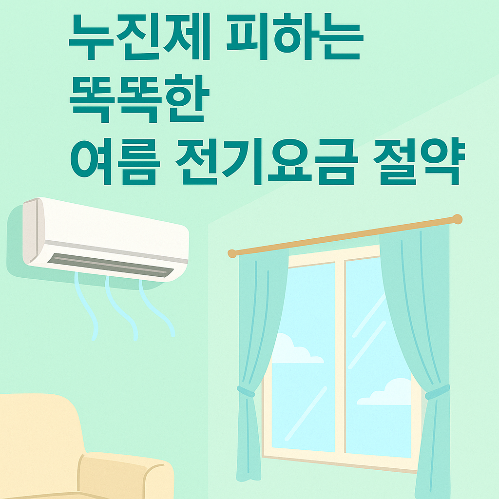 에어컨이 설치된 밝은 거실 창가와 '누진제 피하는 똑똑한 여름 전기요금 절약법'이라는 안내 문구가 함께 있는 일러스트