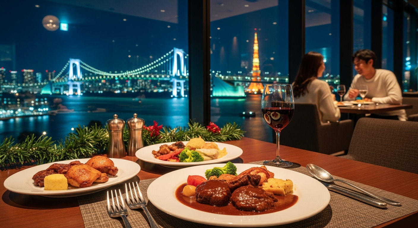 도쿄 레인보우 브리지의 야경을 배경으로 즐기는 최고의 크리스마스 디너