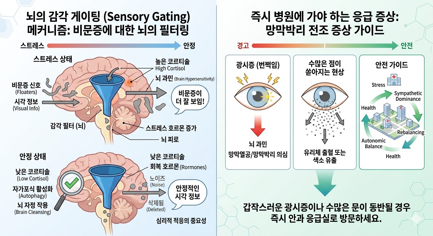 스트레스 상태에서는 필터가 약해져 비문증이 잘 보이고, 안정이 되면 뇌가 이를 '노이즈'로 분류해 삭제하는 과정을 보여주면 심리적 적응의 중요성을 보여주는 이미지