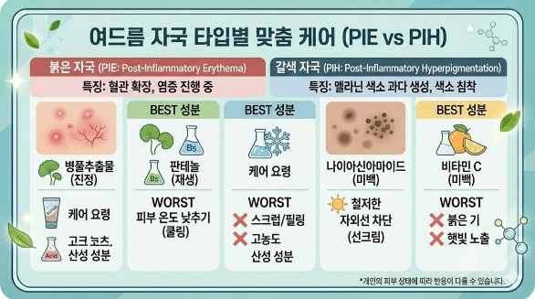 여드름 자국 관리법, PIE PIH 차이, 붉은 여드름 자국 진정, 갈색 여드름 자국 미백 성분, 시카 판테놀 비타민 C 선크림