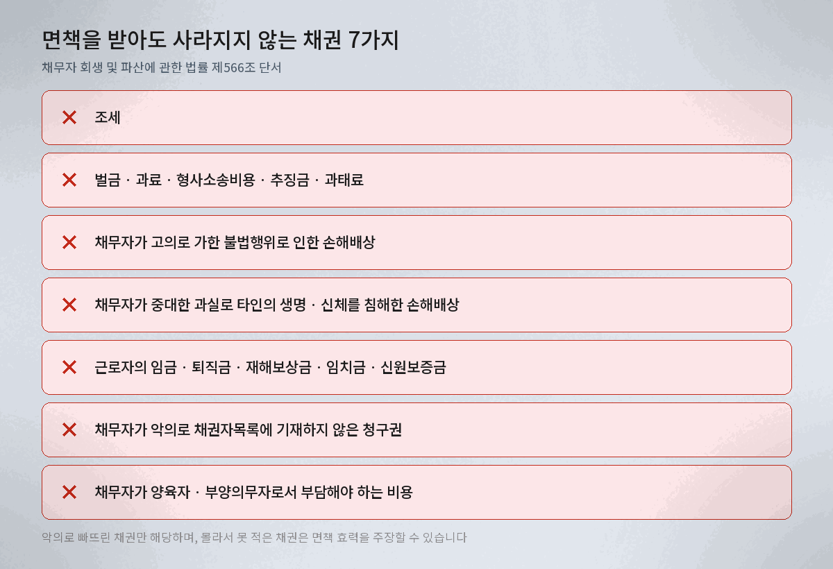 개인파산 면책 안 되는 채권 조세 벌금 손해배상 임금 채권자목록 누락 양육비