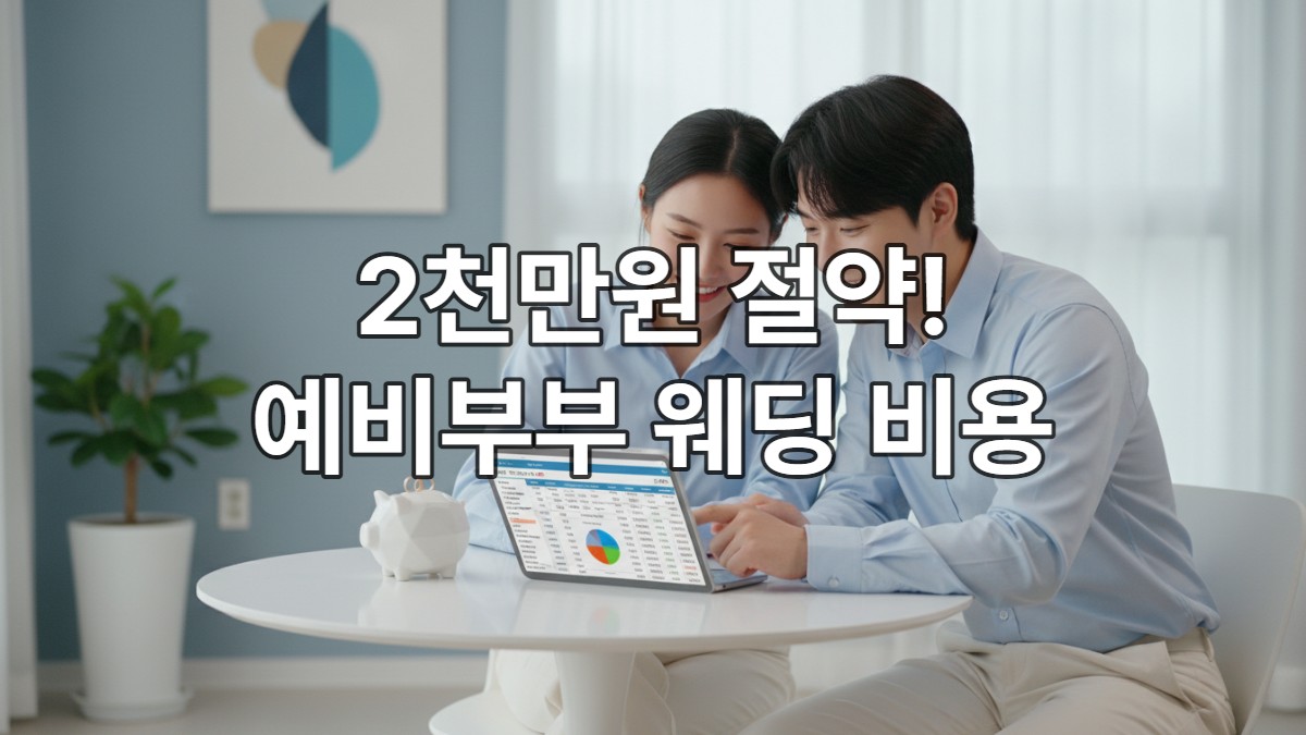 웨딩 비용을 스마트하게 절약하기 위해 예산 계획을 세우고 있는 행복한 한국인 예비 부부.