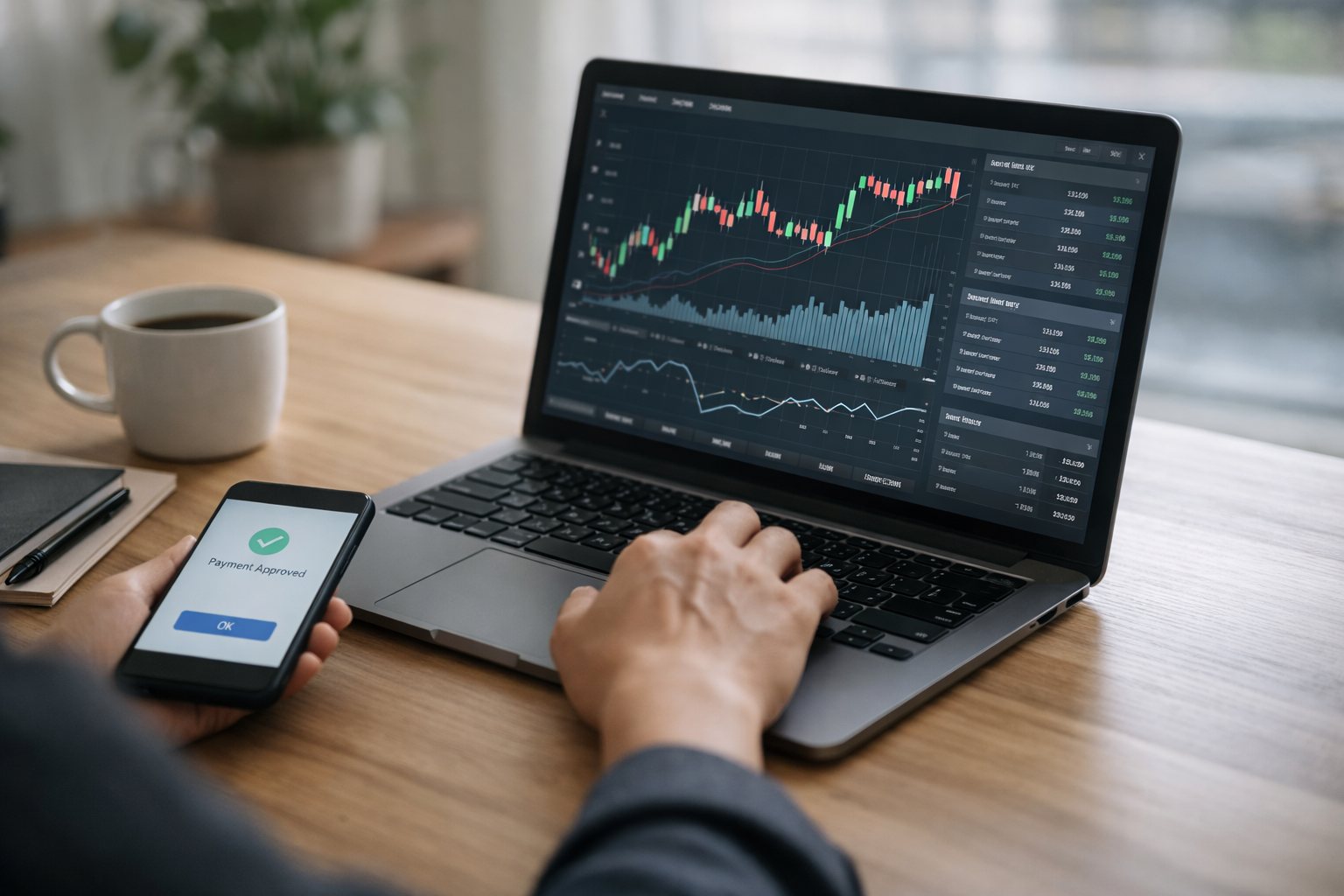 CBDC 디지털 화폐와 금융 데이터 분석을 보여주는 현실적인 작업 환경 이미지