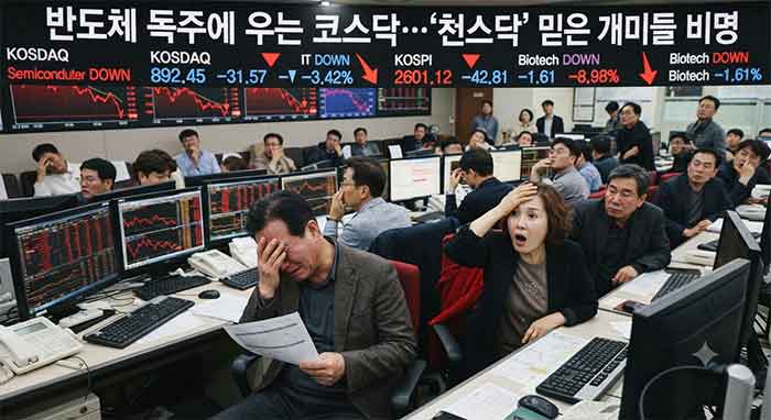 주가 하락에 절망하는 투자자들의 모습.