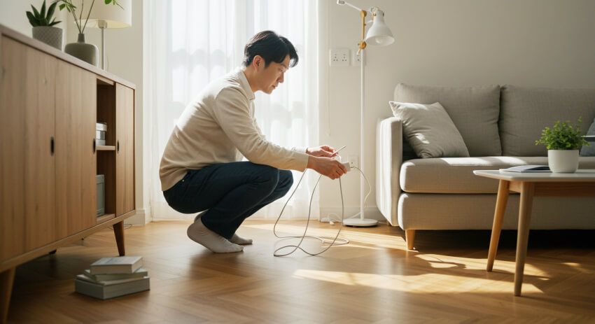 전기세를 아끼기 위해 콘센트 점검하는 꼼꼼한 순간