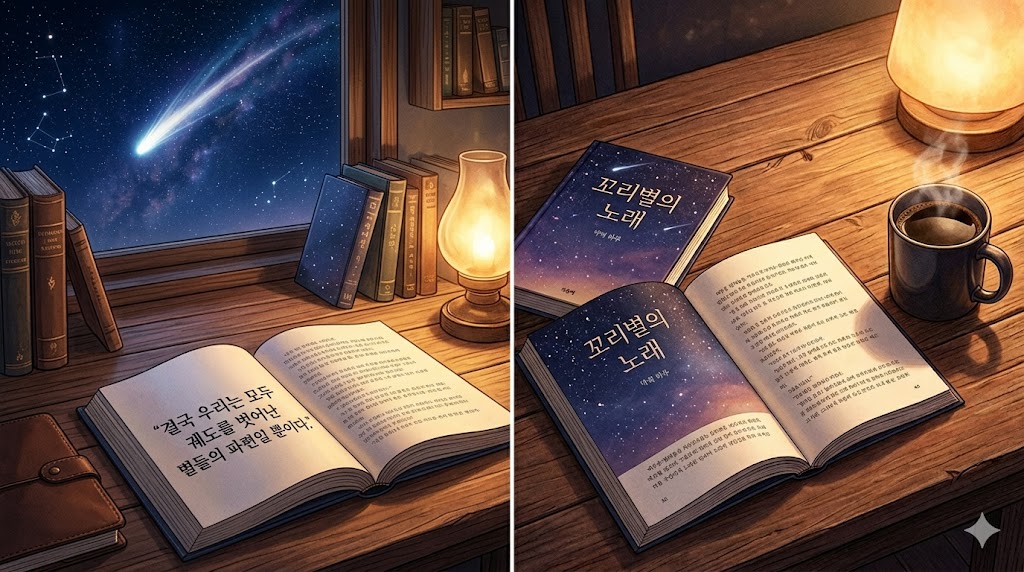 만조를 기다리며 후기 낡은 가죽 수첩과 붉은 글씨의 부적 등 누군가 남긴 미스터리한 단서들이 어지럽게 흩어져 있는 몽환적인 방 안 풍경