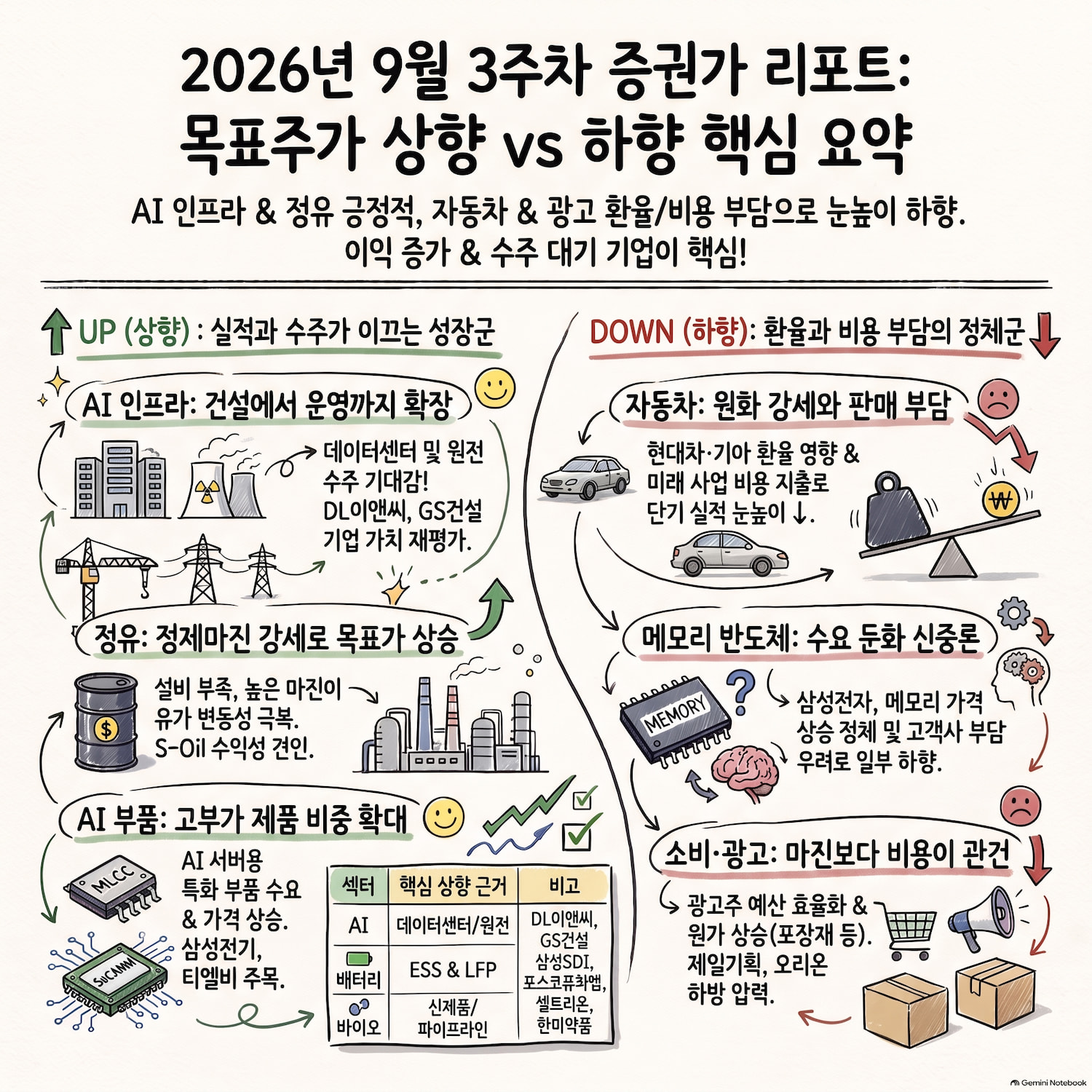 AI 인프라·정유는 상향, 자동차는 환율 부담…배터리는 회복 기대|2026년 9월 3주차 목표주가 분석