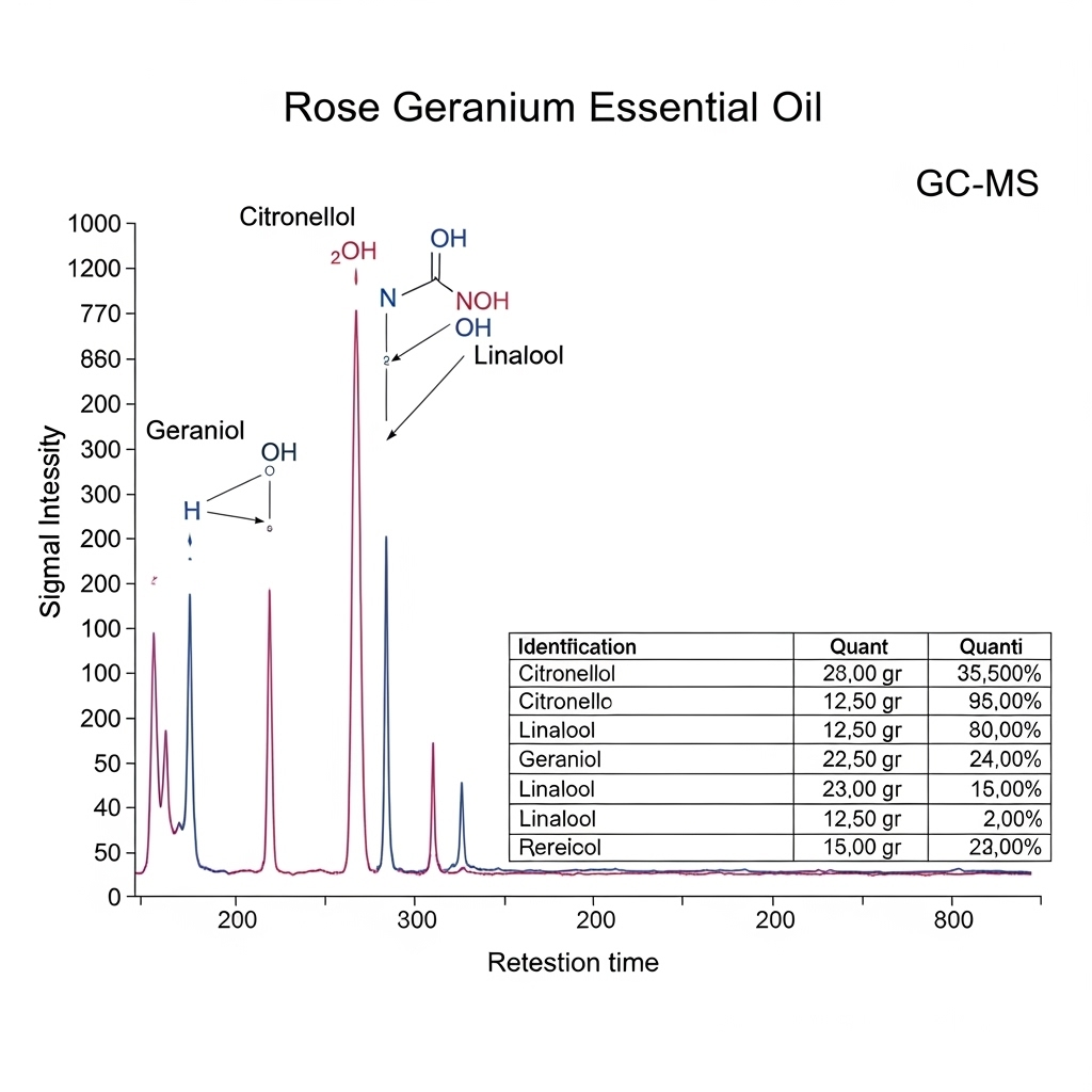 장미 제라늄 에센셜 오일의 GC-MS 분석 결과, 시트로넬롤, 게라니올, 리날룰 등의 화합물 피크를 보여주는 그림
